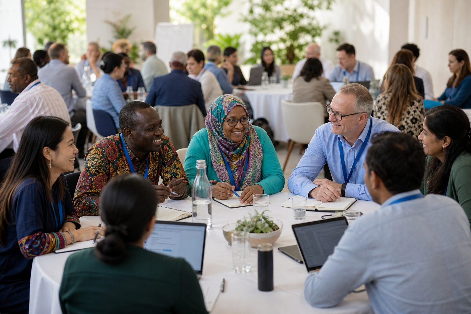Diverse people speaking around a round table at an impact community conference